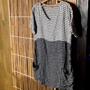 FLAX Linen Summer Dress with Pockets, Size L, Black & White